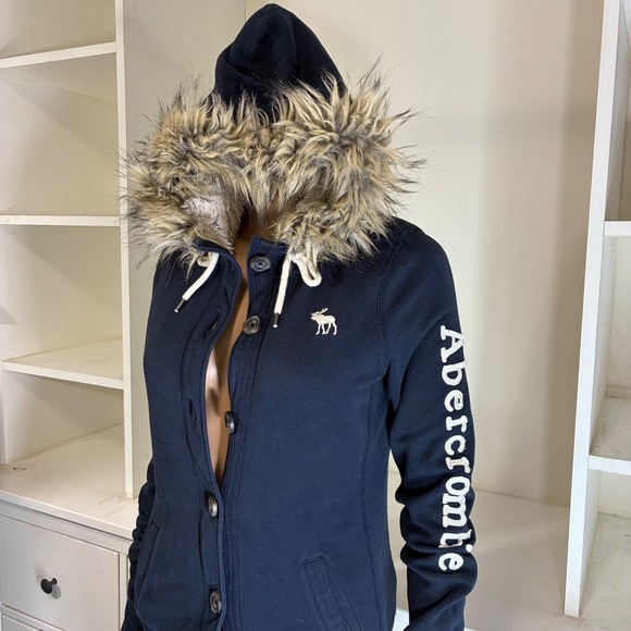 Abercrombie Fitch Y2K Blue Faux Fur Hooded Full Button Hoodie Jacket Womens S - Picture 4 of 9
